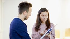 Woman work resume book talk boss employee