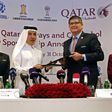 Chief Excecutive Officer (CEO) of Qatar Airways Akbar al-Baker (2nd L) and Jose Manuel Astigarraga, the secretary general of the South American football federation CONMEBOL, sign a sponsorship agreement in Doha on October 31, 2018