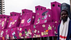 Ghanaian artist Ibrahim Mahama's work of art at the the Barbican Centre in London