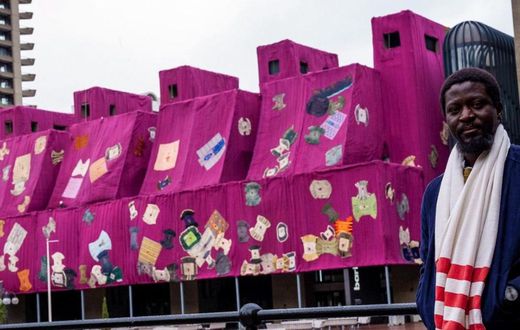 Ghanaian artist Ibrahim Mahama's work of art at the the Barbican Centre in London