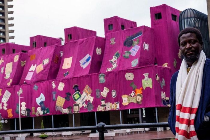 Ghanaian artist Ibrahim Mahama's work of art at the the Barbican Centre in London
