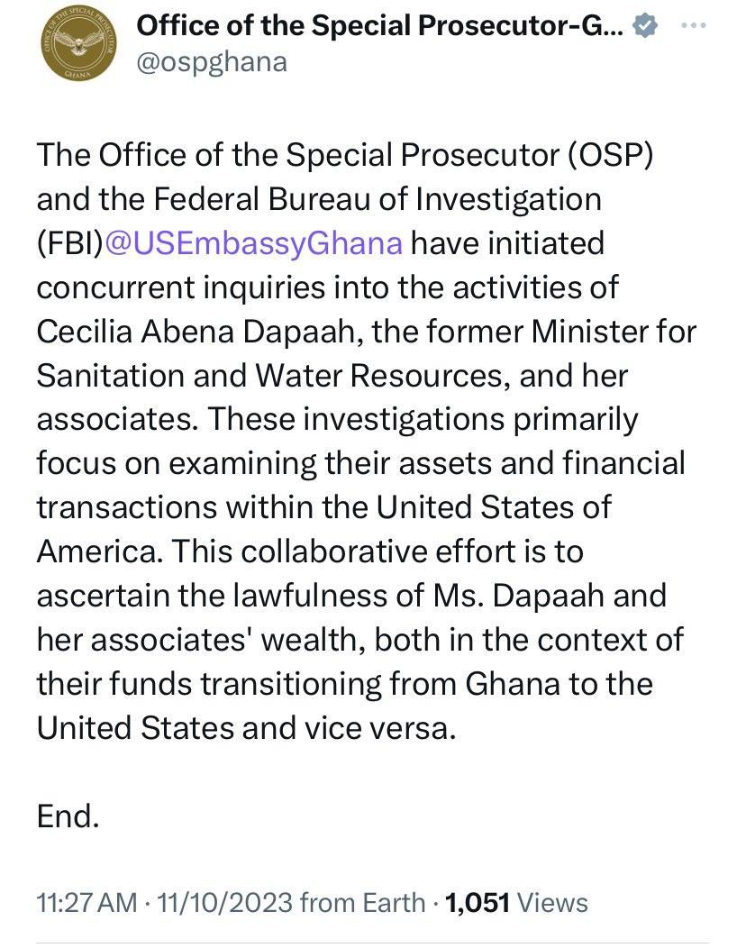 America’s FBI joins Ghana’s OSP to investigate Cecilia Dapaah and her associates