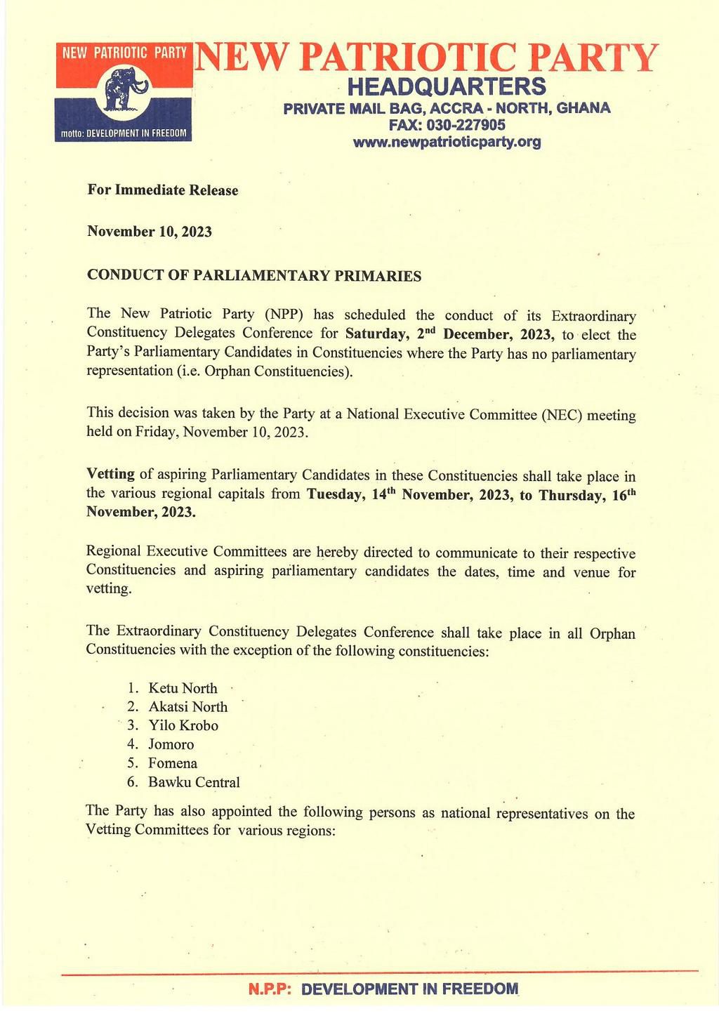 STATEMENT ON PARLIAMENTARY PRIMARIES