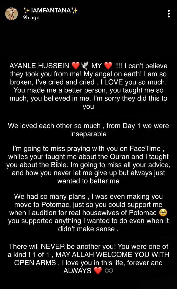 Fantana's post on her boyfriend's demise