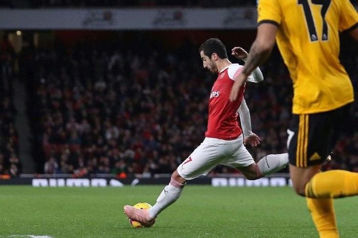 Arsenal midfielder Henrikh Mkhitaryan pictured scoring their late equaliser in a 1-1 draw at home to Wolves on Sunday