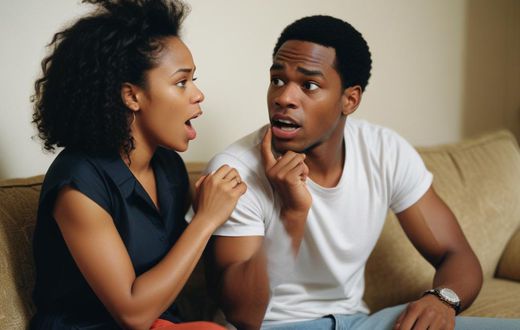 An AI-generated photo of a black couple arguing. They're sitting on a couch
