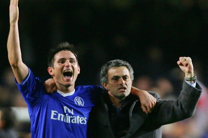 Frank Lampard (left) and then Chelsea manager Jose Mourinho pictured together in 2005