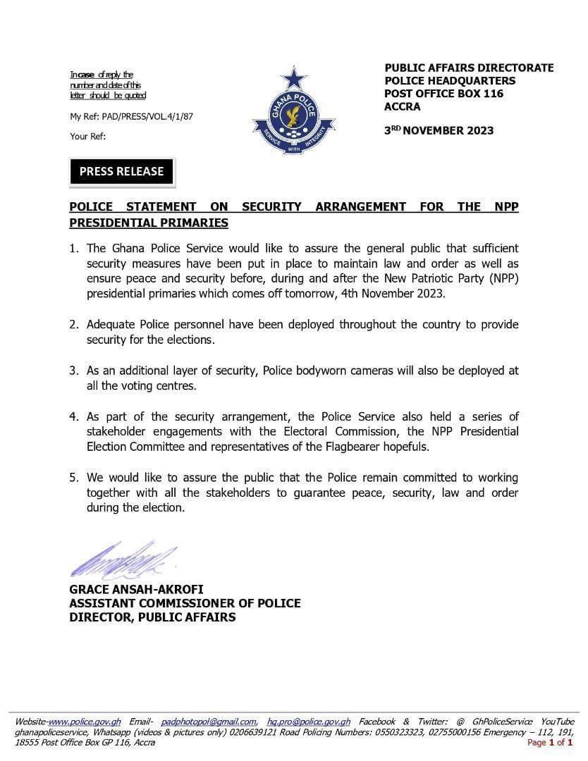 Police statement on their readiness for NPP Presidential Primaries.