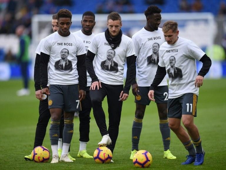 Leicester's Jamie Vardy and teammates wore T-shirts bearing an image of late owner Vichai Srivaddhanaprabha