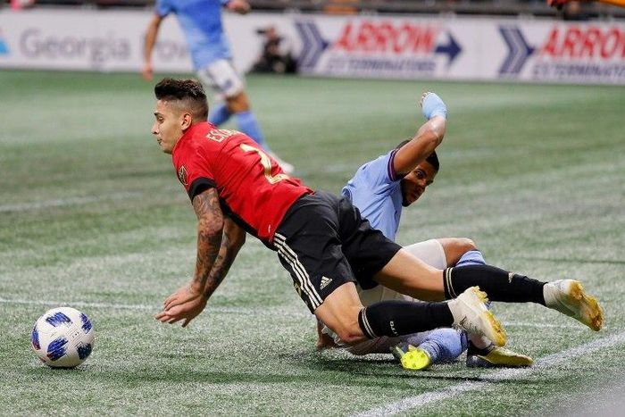 Atlanta United's Franco Escobar wins a penalty in his team's 3-1 victory over New York City FC in the Major League Soccer playoffs on Sunday