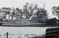 Three Ukrainian ships are seen as they docked near the Kerch after been seized ate Sunday, Nov. 25, 2018, in Kerch, Crimea, Monday, Nov. 26, 2018.