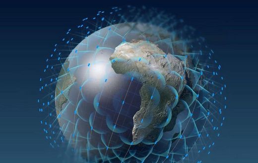 An illustration of OneWeb satellites covering Earth in high-speed internet service.