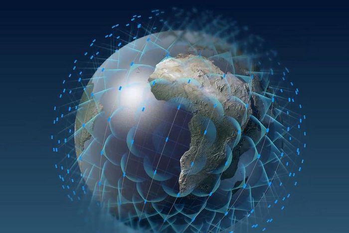 An illustration of OneWeb satellites covering Earth in high-speed internet service.
