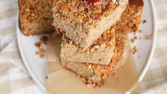 Banana cake with granola and almond topping.