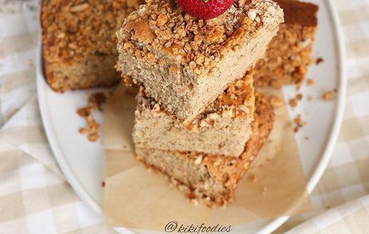 Banana cake with granola and almond topping.