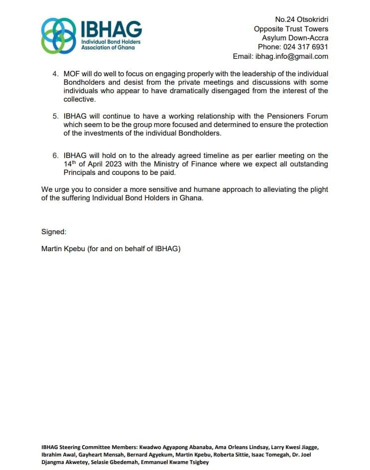 Individual Bondholders Association of Ghana (IBHAG) statement