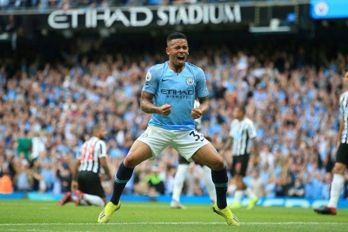 Gabriel Jesus celebrates Manchester City's first goal of the season against Newcastle United on September 1