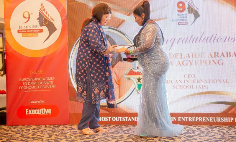 Mrs. Adelaide Siaw Agyepong, CEO of American International School, receiving her award at the 9th Feminine Ghana Achievement Awards in Accra.