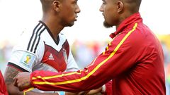 Germany's Jerome Boateng (L) talk s with Ghana's Kevin-Prince Boateng before a Group G match between Germany and Ghana of 2014 FIFA World Cup at the Estadio Castelao Stadium in Fortaleza, Brazil on June 21, 2014.