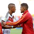 Germany's Jerome Boateng (L) talk s with Ghana's Kevin-Prince Boateng before a Group G match between Germany and Ghana of 2014 FIFA World Cup at the Estadio Castelao Stadium in Fortaleza, Brazil on June 21, 2014.