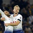 Tottenham's Lucas Moura celebrates with Harry Kane during their 3-2 win at Wolves