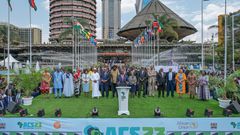 President William Ruto, at podium, flanked by African leaders at the Africa Climate Summit in Nairobi, September 6, 2023. Photo credits: Simon Maina, AFP