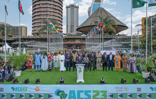 President William Ruto, at podium, flanked by African leaders at the Africa Climate Summit in Nairobi, September 6, 2023. Photo credits: Simon Maina, AFP