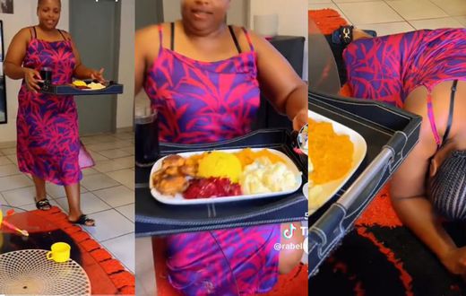 Woman hilariously demonstrates how she serves food to her husband on his payday