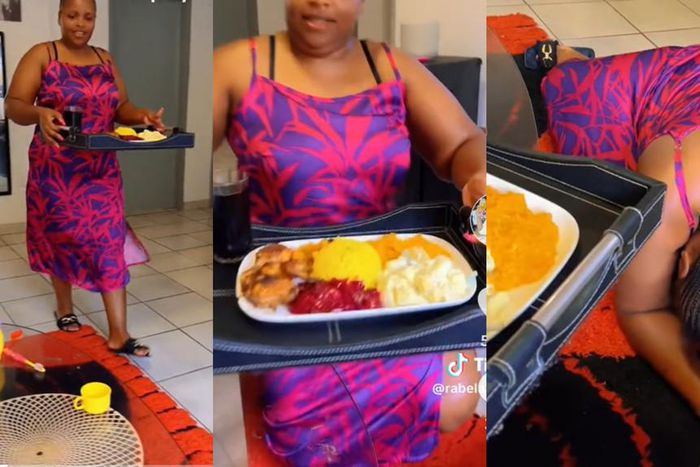Woman hilariously demonstrates how she serves food to her husband on his payday