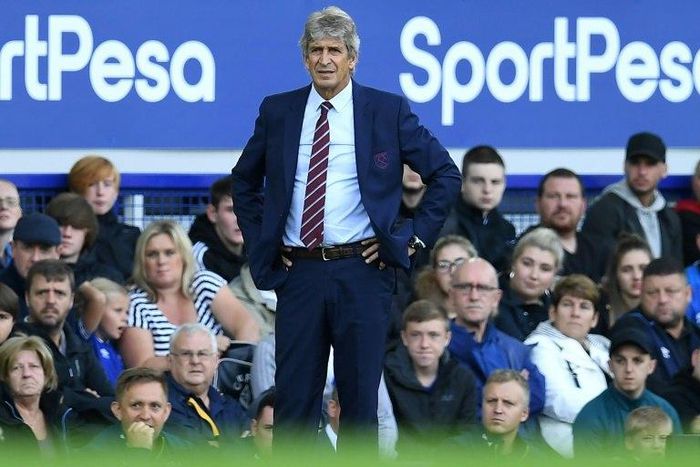 Manuel Pellegrini looks on from the touchline during his first Premier League win as West Ham manager, a 3-1 success away to Everton