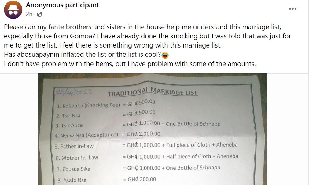 Ghanaians divided as long marriage list emerges: “Are they selling the lady?”