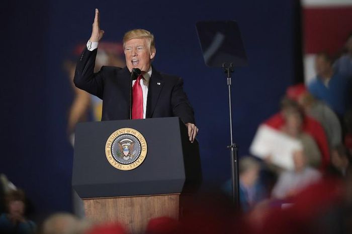 President Donald Trump at a rally in Washington, Michigan.