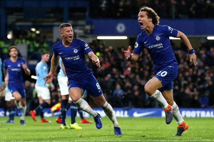 Chelsea's David Luiz (right) celebrates scoring in a 2-0 win over Manchester City on Saturday