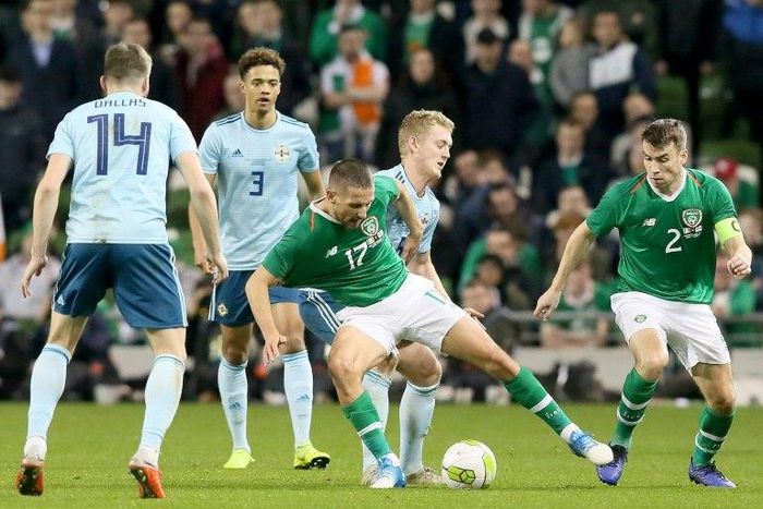 Republic of Ireland's Conor Hourihane battles for the ball against rivals Northern Ireland