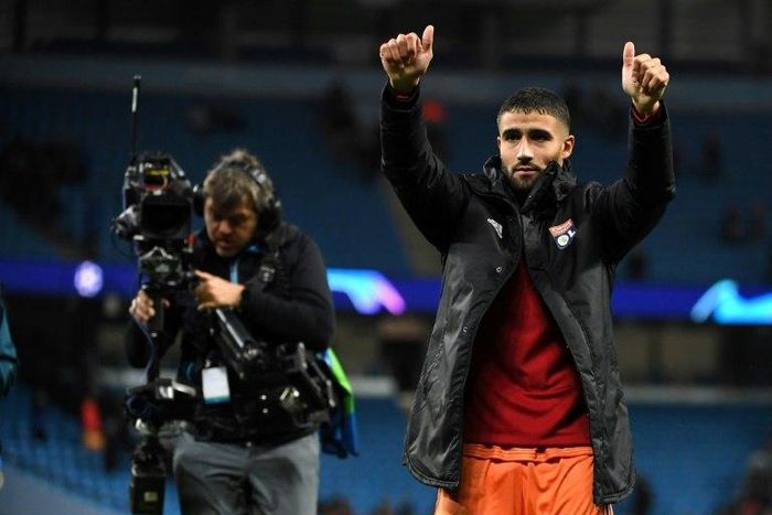 Nabil Fekir celebrates at the end of Lyon's stunning win away to Manchester City