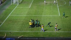 The Super Eagles celebrate their opening goal against South Sudan in the Accra Sports Stadium.