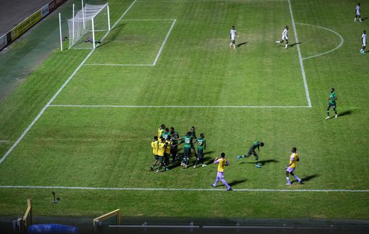 The Super Eagles celebrate their opening goal against South Sudan in the Accra Sports Stadium.