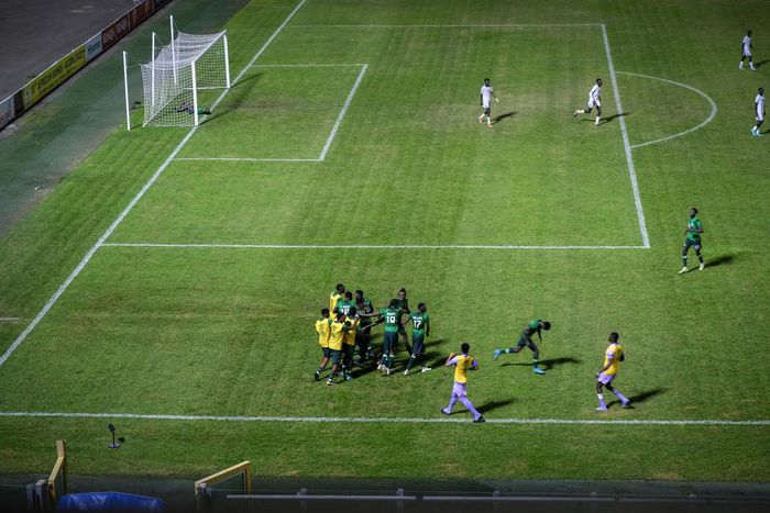 The Super Eagles celebrate their opening goal against South Sudan in the Accra Sports Stadium.