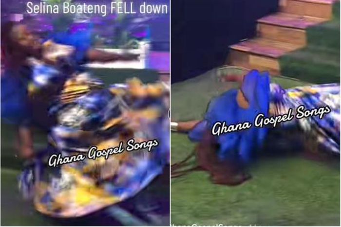 Drama at Celestine Donkor's Celestial Praiz as Selina Boateng falls flat during crazy dance (video)