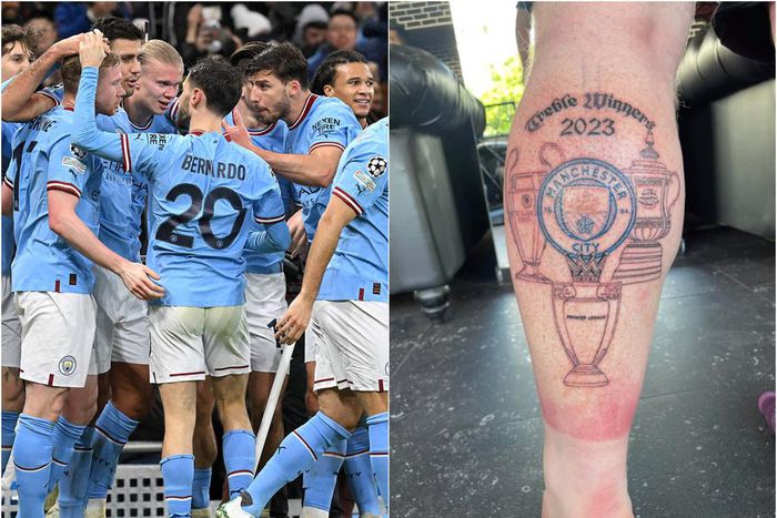 Man City fan tattoos Champions League trophy on leg in anticipation of treble