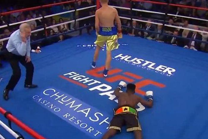 Ghanaian boxer who trended for assaulting football fan knocked out by Ukrainian opponent