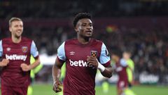 Mohammed Kudus reacts to his breathtaking goal against Arsenal in Carabao Cup