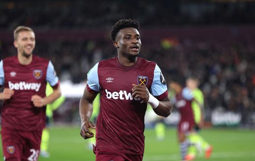 Mohammed Kudus reacts to his breathtaking goal against Arsenal in Carabao Cup