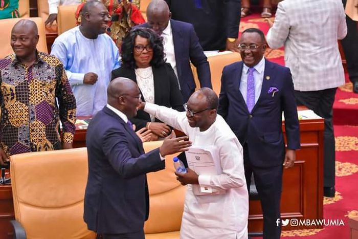 Vice president of Ghana, Dr. Bawumia & Finance Minister Ken Ofori-Atta hug on floor of parliament