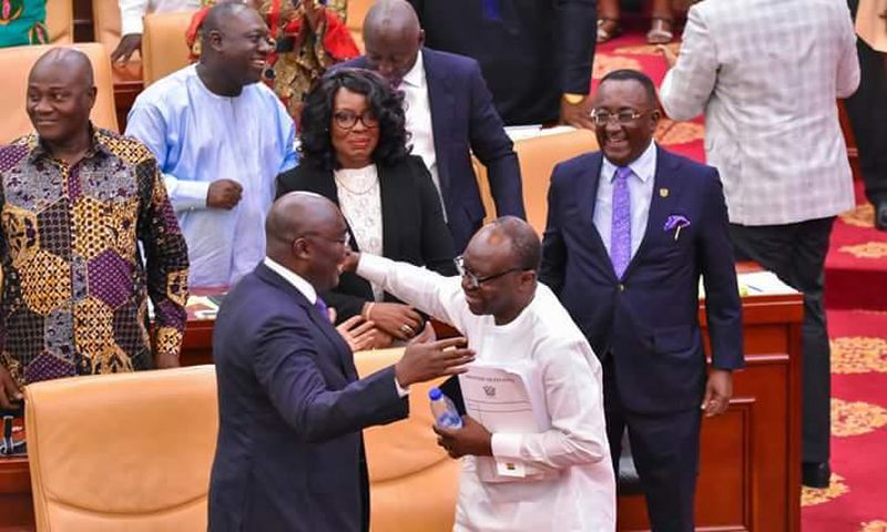 Vice president of Ghana, Dr. Bawumia & Finance Minister Ken Ofori-Atta hug on floor of parliament