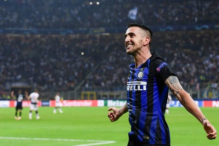 Matias Vecino celebrates his last-gasp winner for Inter against Tottenham at San Siro