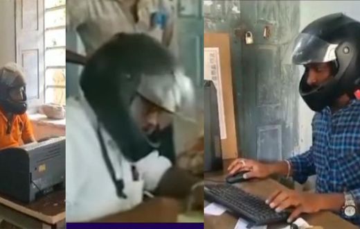 Workers wear motorcycle helmets due to falling debris from dilapidated office