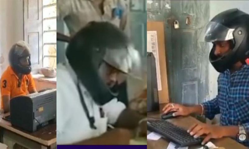 Workers wear motorcycle helmets due to falling debris from dilapidated office