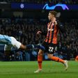 Manchester City's Raheem Sterling was awarded a comical penalty after kicking the ground in a 6-0 thrashing of Shakhtar Donetsk