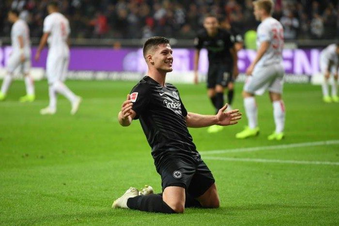 Eintracht Frankfurt's Serbian striker Luka Jovic celebrates one of his five goals on Friday